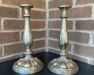 Antique BiedermeierStyle Silver Candlesticks with a Fluted Column Scalloped Bases