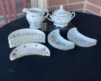 Vintage Wawel Polish Porcelain Floral Rose Creamer Sugar Bowl Floral Crescent Plates