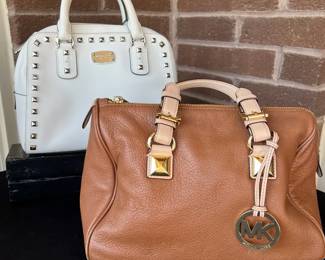 Michael Kors Purse Lot Brown Pebbled Leather Grayson Satchel White Studded