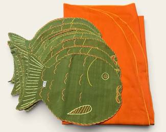 Embroidered Green Fish Placemats 11 Mexico Burnt Orange Tablecloth