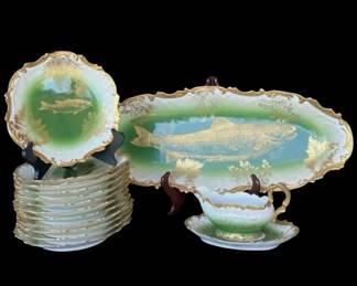 Antique TV Limoges France Porcelain Fish Set, Platter Plates Hand Painted Gilt
