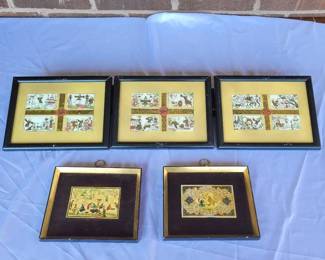 Art Lot Persian Miniature Village Scenes, Framed Chinese Prints W Ornate Brass Hardware