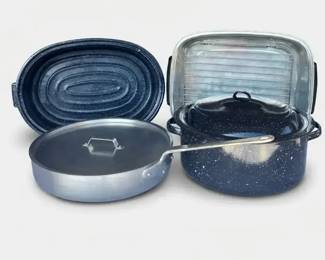 Vintage Cookware Lot Speckled Enamelware, Aluminum Roaster, Toroware by Leyse, Frigidaire Roaster
