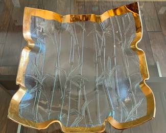 Vintage Annieglass Bamboo Ruffle Bowl 24K Gold Rim Slumped Art Glass