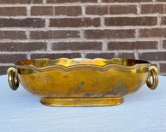 Vintage Brass Scalloped Jardiniere Centerpiece Bowl W Ring Handles