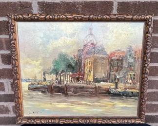 Signed du Hoven Amsterdam Harbor Oil Painting 18 x 22, Gilt Frame