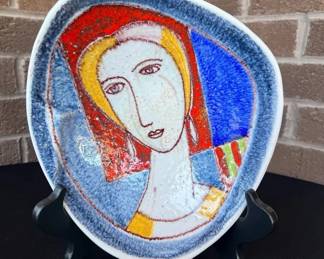 Midcentury Alvino Bagni Raymor Italian Art Pottery Woman Lady Portrait Dish, Signed