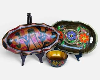 Vintage Mexican Folk Art Hand Carved Wooden Bateas Russian Khokhloma Bowl