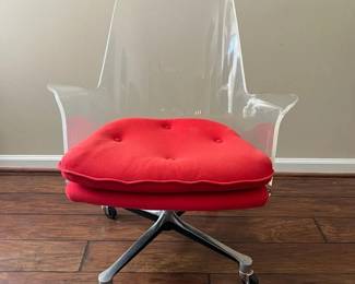 Midcentury Clear Lucite Swivel Tilt Desk Chair, XBase, Red Cushion
