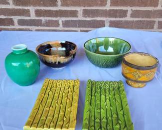 Vintage 6PC Ceramic Lot Midcentury Planter, Asparagus Serving Trays, More