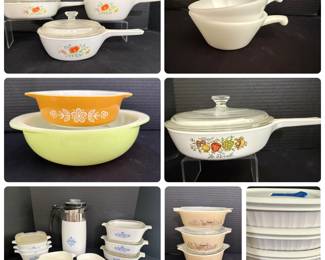 Corning Ware Wildflower, Spice of Life and Cornflower Blue Cookware with Retro Casserole Dishes - Corning Ware Wildflower skillets with glass lids, a Spice of Life Le Persil skillet, a Cornflower Blue percolator and casseroles, an orange flower casserole, a green mixing bowl, tan mushroom pattern casseroles with lids, white handled soup bowls, and French white baking dishes. A good lot for Corning Ware collectors and vintage kitchen fans.