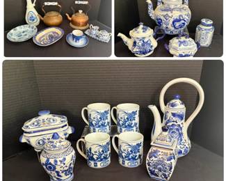 Blue and White Dragon Teapot, Willow Pattern Platter, Copper Tea Kettles, Floral Mugs and Ginger Jars - A large blue and white dragon teapot, covered teapots, a willow pattern platter, floral bowls, a cup and saucer, a creamer and sugar set, four floral mugs, a coffee pot, a covered tureen, ginger jars, and two copper tea kettles with blue and white porcelain handles. A good lot for blue and white china fans.