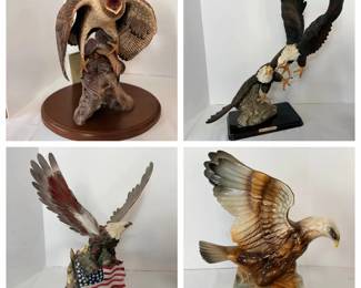 Bald Eagle Sculptures, Pair in Flight, Eagle with Flag, Eagle on Wood Base and Ceramic Eagle - Four bald eagle pieces: a sculpture on a round wood base, a pair of eagles in flight on a black base with a name plate, an eagle in front of an American flag, and a glazed ceramic eagle on a black base. A good lot for eagle collectors.