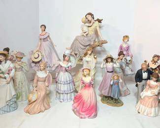 Victorian Lady Porcelain Figurines in Pastel Gowns with Parasols and Bonnets - A large group of porcelain lady figurines in pastel gowns, bonnets, and hats, some holding parasols and bouquets, plus mother and child pieces. A great lot for figurine collectors.