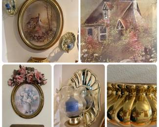 Gold Framed Oval Cottage and Floral Prints with Gold Shell Candle Sconces - An oval gold framed cottage print, an oval gold framed floral print with a rose swag and wall shelf, and gold shell shaped wall sconces with glass shades and blue candles. A good lot for cottage style wall decor.