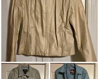 Gold Leather Jacket, Light Blue Leather Jacket and Gray Button Front Jacket - A gold toned leather zip jacket with a point collar, a light blue leather jacket with an American flag label inside, and a gray button front jacket with chest pockets. A good lot for jacket shoppers.