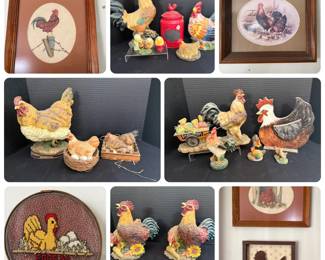 Rooster and Hen Kitchen Decor, Cross Stitch, Figurines and Framed Prints - A framed rooster cross stitch, a framed rooster and hen print, an EGGS 3 cents hen cross stitch in a round frame, rooster and hen figurines, a red rooster canister, hens on nests, a Farm Fresh cart, a pair of sunflower roosters, and two framed hen pictures. A good lot for farmhouse and chicken themed kitchens.