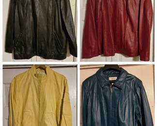 Black Fur Collar, Red, Yellow and Dark Blue Leather Zip Jackets - Four leather zip jackets: black with a fur collar, red, light yellow, and dark blue. A good lot for leather jacket fans.