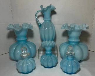 Fenton Blue Overlay Ewer, Ruffled Vases and Perfume Bottles - A Fenton blue overlay ewer, two ruffled vases, a small ruffled rose bowl, and three perfume bottles with clear stoppers. A big lot for Fenton fans.