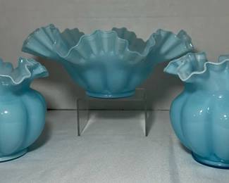 Fenton Blue Overlay Ruffled Rose Bowls and Centerpiece Bowl - Two Fenton blue overlay melon rib rose bowls and one wide centerpiece bowl, each with a crimped ruffle rim. A nice trio for a Fenton display.
