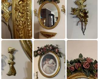 Gold Oval Wall Mirror with Rose Swag, Mother and Child Print, Brass Leaf and Victorian Lady Wall Decor - An ornate gold oval mirror with a rose swag and gold wall shelf, a framed oval mother and child print with a rose swag, brass oak leaf wall hangings, and a brass Victorian lady wall hanging. A good lot for vintage gold and brass decor.