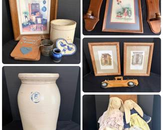 Eagle Pottery Benton, Ark. Stoneware Crock with Framed Country Prints, Wood Truck Key Rack and Cloth Bunny Dolls - An Eagle Pottery stoneware crock with a blue number 5 and a Benton, Ark. stamp, shown with a small stoneware crock, a framed kitchen hutch print, a framed children with balloons print, two framed outhouse prints, a pair of wood wall candle sconces, a wood truck key rack, a wood kitchen sign with a blue heart, and two cloth bunny dolls. A good lot for stoneware collectors and country decor fans.