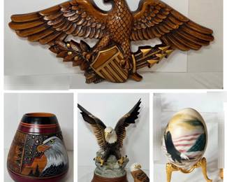 American Eagle Wall Plaque, Painted Eagle Vase, Eagle Figurine on Rock Base and Painted Eagle Egg - An American eagle and shield wall plaque, a hand painted pottery vase with a bald eagle portrait, a bald eagle figurine on a rock base with a small carved wood Alaska eagle, and a painted eagle and flag egg on a gold tone stand. A good lot for patriotic and eagle decor.