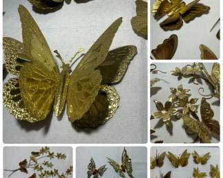 Brass Butterfly and Flower Wall Decor, Large Textured Butterfly and Small Butterfly Sets - A large textured brass butterfly wall hanging, brass flower and butterfly wall sprays, a wire winged butterfly trio, and sets of small brass butterflies. A good lot for vintage brass decor fans.
