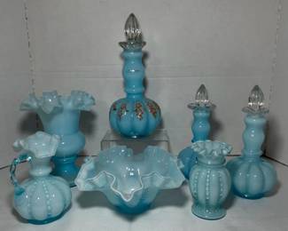 Fenton Blue Overlay Beaded Melon Perfume Bottles, Bowl and Creamer - Fenton blue overlay perfume bottles with clear stoppers, ruffled vases, a ruffled bowl, and a small creamer, including a bottle with gold floral trim. A good lot for Fenton collectors.