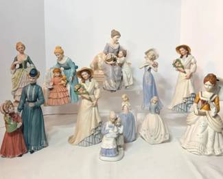 Porcelain Figurines of Ladies and Children in Period Dress, Mother and Child - A group of porcelain figurines of women and girls in period dresses and hats, including mother and child scenes and a lady with a parasol. A good lot for collectors of lady figurines.