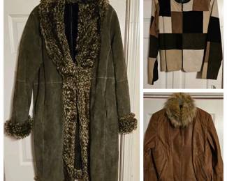 Green Suede Long Coat with Fur Trim, Patchwork Suede Jacket and Brown Leather Fur Collar Jacket - A long green suede coat with fur trim on the collar, front, and cuffs, a patchwork jacket in black, brown, tan, and cream suede squares, and a brown leather zip jacket with a fur collar. A good lot for cold weather.