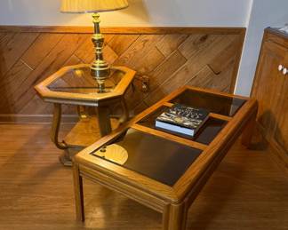Oak and Glass Coffee Table with Octagon End Table and Brass Table Lamp - An oak coffee table with three smoked glass panels, an oak octagon end table with a glass top and a lower shelf, and a brass table lamp with a pleated shade. A good living room set.