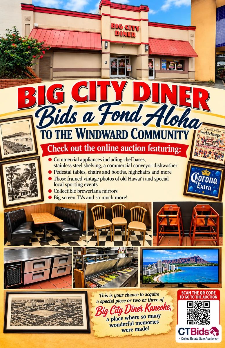 BIG CITY DINER DELIGHTS CTBids Online Auction • Bidding Ends 11/05/26 • Pickup 11/07 & 11/08/26 This auction features the contents of Big CIty Diner Windward Mall in Kane'ohe, Hawai'i after serving the community for more than 11 years. Find framed vintage photos of Hawai'i and special local sporting events, collectible breweriana mirrors, Coca-Cola Tiffany style lighting, pedestal tables and chairs, commercial appliances including chef bases, stainless steel shelving, a commercial conveyor dishwasher, bar stools and more, big screen TVs and so much more! This is your chance to acquire a special piece or two or three of Big City Diner Kane'ohe, a place where so many wonderful memories were made!