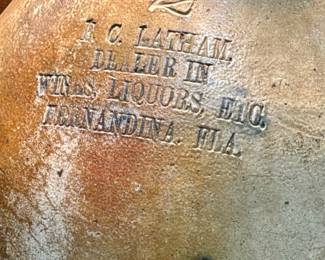 Antique Salt Glazed Stoneware Advertising Jug- D.C. Lantham/Dealer in Wines/Liquors, Fernandina, FL