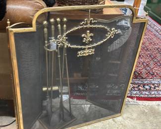 Vintage Brass Fireplace Screen, Set of Fireplace Tools