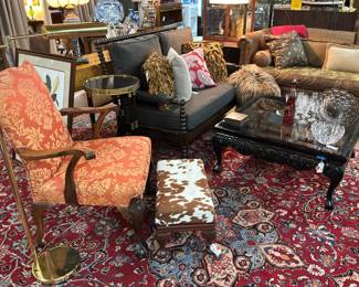 Custom Upholstered Side Chairs, Barley Twist Love Seat, Leather & Fabric Sofa, Area Rugs, Brass Floor/Reading Lamp, and More