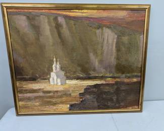 Lot 286: Romanian/Moldovan School oil painting of an Orthodox church