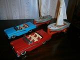 1959 Tin Litho Ford Fairlane Friction Car and Windup Sea hawk Sail Boat HAJI Japan  (Like New)