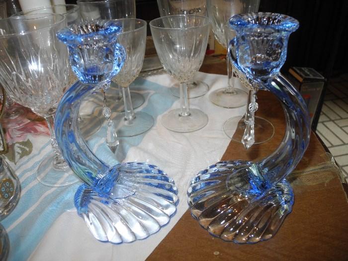 Cambridge candlesticks with crystal drop, matching bowl