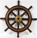 Lot#5, WOOD & BRASS SHIP'S WHEEL,"Rosebank Ironworks Edinburgh Hydraulic Steerer Gear". 30" diameter.