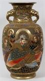 Lot#27, JAPANESE SATSUMA VASE, H 26" W 14"Figures surround. Colors of salmon, blue, black, red, orange, purple and gold. Marked underneath. Handles on sides.