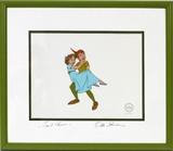 Lot#59, FRANK THOMAS & OLLIE JOHNSTON ANIMATION CEL, 1990, H 10", W 13", "PETER PAN"Peter Pan serigraph cel; Edition size 2500. Ink signed, "Ollie Johnson" lower right and "Frank Thomas" lower left. Certificate of authenticity from the Walt Disney Company on verso. Framed.