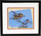 Lot#61, CHUCK JONES ANIMATION CEL, H 9", W 12", WILE E. COYOTE & ROAD RUNNER SKIING"Edition #619/750. Pencil signed lower right. Certificate from the American Royal Arts Corp. on verso. Framed and matted under glass. Actual size 9.25" H. x 11.75 W.