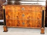 Lot#77, BIEDERMEIER, MAHOGANY CHEST, H 32", W 48", L 22"burl wood top above three drawers having burl wood facades flanked by black half round columns with bronze capitols and  bases.