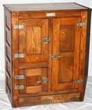 Lot#78, BELDING-HALL CO., OAK ICE BOX, H 40" L 32" D 18"Belding-Hall Co. Belding, MI.  Having three doors with the original hardware.