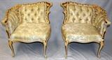 Lot#84, FRENCH STYLE, COURTING CHAIRS, 2 PCS.each chair is symmetrically opposite in shape with carved blonde wood frame, pierced design  with dark highlights, light color tufted upholstery, with floral designs, contoured arm rests;