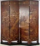 Lot#139, CHINESE FOUR PANEL FOLDING SCREEN ON BASES H 83" W 18" EACH,having Chinese motif with four panels, 83" H. x 18" W per panel; mounted on two separate black bases with two panels each;