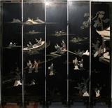 Lot#140, BLACK LACQUER HAND PAINTED PRECIOUS STONE, 5 PANEL SCREEN H 62" W 60"Geisha girls, boats, trees and lily pads. Jade, ivory and miscellaneous semi-precious stones.
