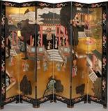 Lot#144, COROMANDEL, EIGHT PANEL, SCREEN, H 84", W 9'depicting painted palace scenes on the front and cranes on the verso, each panel measures, 84"H. x 18" W.; total width open position, 9'. Having brass hinges and feet on the bottom of each panel.