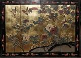 Lot#145, COROMANDEL FOUR-PANEL SCREEN H 36", W 48"depicts a scene of birds and blossoming trees.